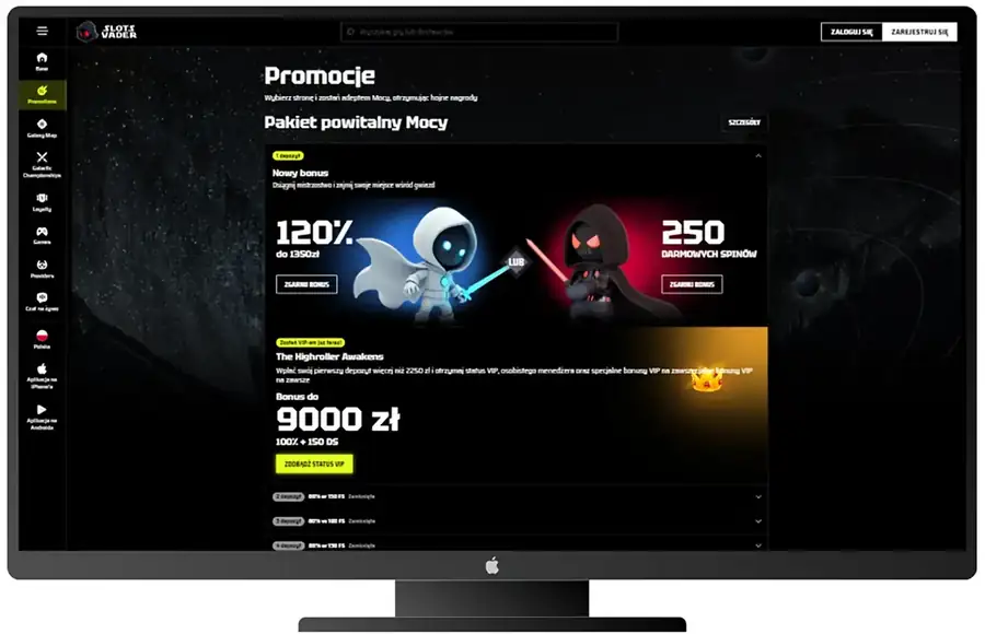Pagina promozioni di SlotsVader con il pacchetto di benvenuto